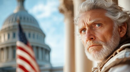 A solemn elder man gazes thoughtfully towards the Capitol building, embodying wisdom and resilience amid the pulse of American political life.