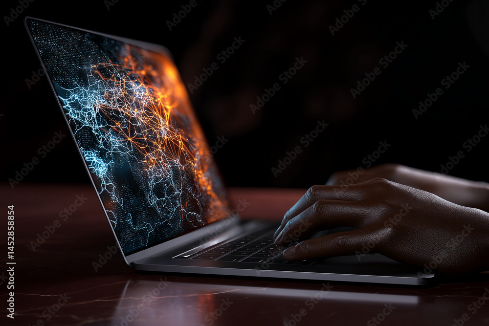 Poster dark-skinned hands use a laptop displaying a glowing network map, showcasing digital connectivity an