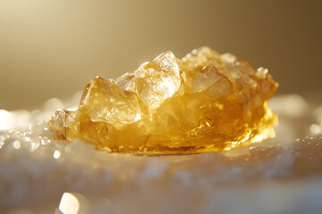 Close-up of synthetic ambergris perfume ingredient on crystal glass, glowing under soft golden light