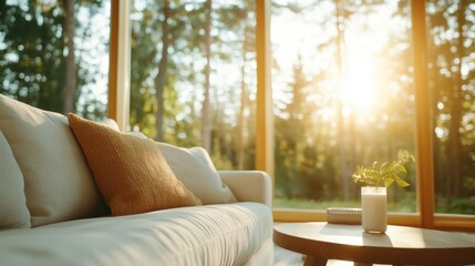 Natural sunlight floods a cozy living room through large windows, showcasing a comfortable sofa and plant, creating a serene atmosphere perfect for morning relaxation or casual moments.