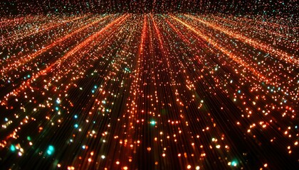Naklejka premium Shining fibers converge into a glowing horizon. Dark backdrop with colorful beams