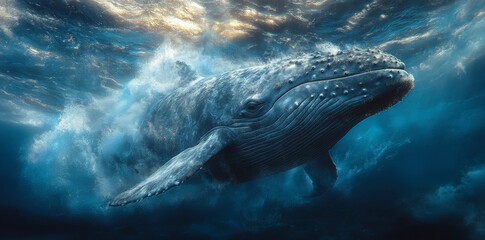 Fototapeta premium Whale Breaching in Ocean Waters Marine Life Photography Underwater Dramatic Perspective