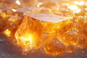 Close-up of synthetic ambergris perfume ingredient on crystal glass, glowing under soft golden light