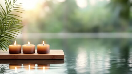 The gentle flickering of candles on a tray floats above a tranquil water surface; the hues of twilight in the background add warmth and evoke peaceful feelings.