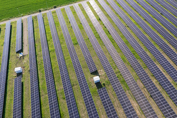 Aerial view of solar power station with energy storages
