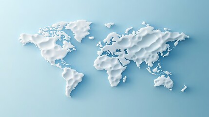 Minimalist 3D-rendered world map with light-colored continents on a soft blue background.