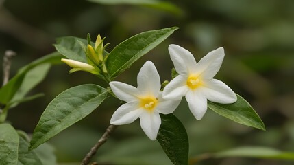 Delicate White Flowers Blooming on Green Leaves