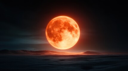 Fototapeta premium A mesmerizing, oversized orange moon dominates the night sky, casting gentle light on the serene landscape, inviting contemplation on beauty and nature's wonders.