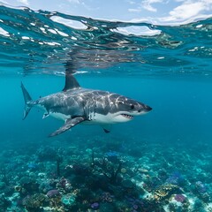 Fototapeta premium Ocean Majesty: Great White Shark Underwater AI Generated
