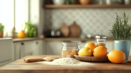 Baking ingredients placed on wooden table, ready for cooking. Copyspace for text. Concept of food preparation, kitchen on background.