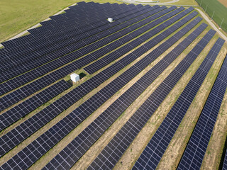 Aerial view of solar power station with energy storages
