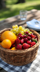 Summer outdoor picnic with vibrant fresh fruit platter on checkered cloth setting