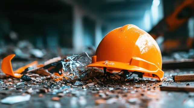 An orange hard hat rests on debris surrounded by shards of broken glass, representing the potential dangers of construction and work site safety hazards.
