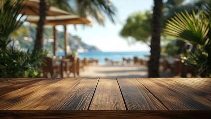 Empty wooden table, beachside cafe, blurred background, product display, vacation