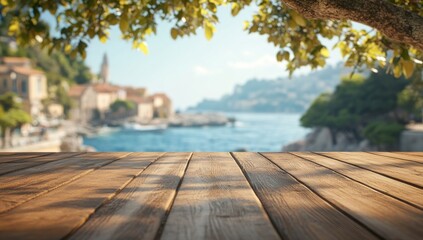 Wooden deck overlooking a coastal town, sunny day, ideal for product placement