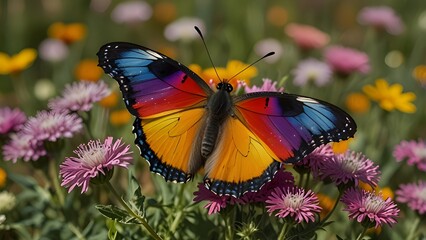 Obraz premium A vibrant butterfly with wings designed like the Progress Pride flag, flying over colorful wildflowers in a meadow.