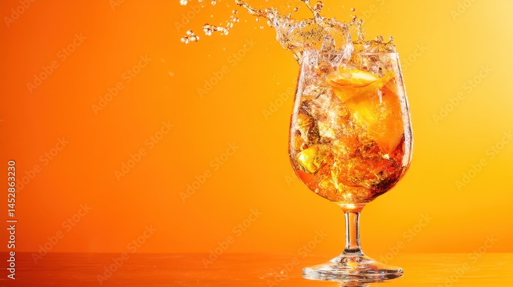 Poster refreshing aperol spritz cocktail with ice cubes and orange slice splashing on orange background stu