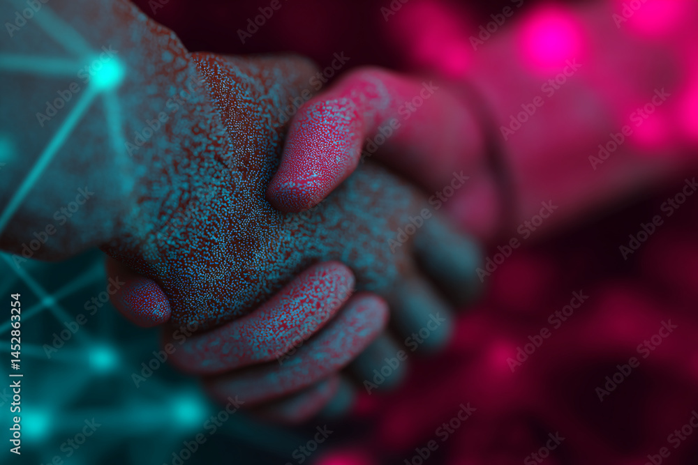 Poster close-up of two hands clasped together, textured with teal and magenta particles, set against a blur