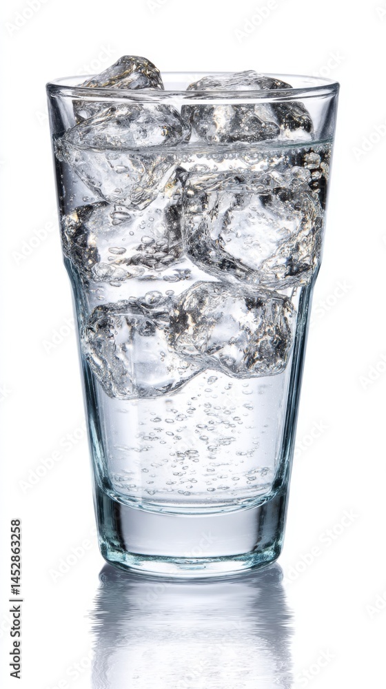 Poster refreshing glass of water with ice cubes on a white background showcasing purity and hydration with 