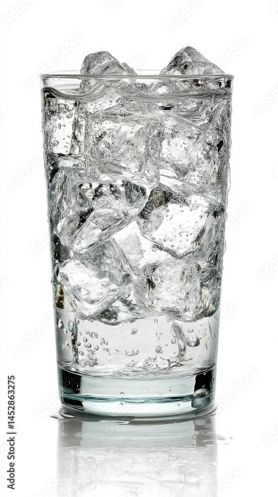 Poster refreshing glass filled with ice cubes and water against a clean white background creating a cool an
