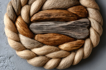 Minimal composition of dry wood fibers arranged in circular pattern, top view