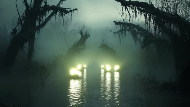Mysterious Night Journey Through Foggy Swamp