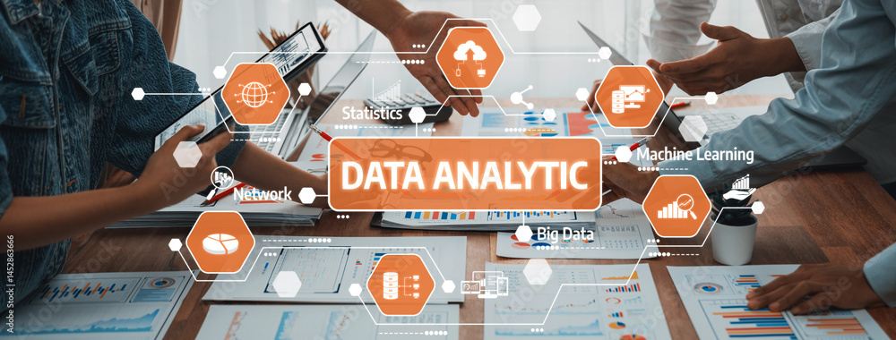 Leinwandbilder Explore the collaborative environment of data analytics, showcasing professionals analyzing charts and graphs surrounded by innovative digital tools and insights. Amity