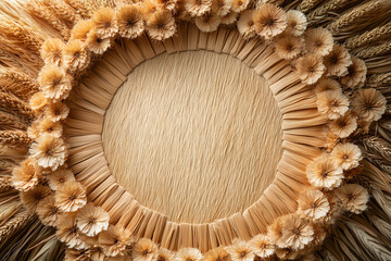 Minimal composition of dry wood fibers arranged in circular pattern, top view