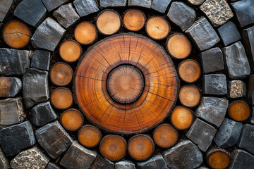 Minimal composition of dry wood fibers arranged in circular pattern, top view