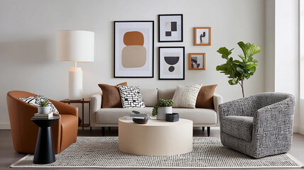 Fototapeta premium Modern living room with stylish furniture and artwork creating a cozy atmosphere in a contemporary setting