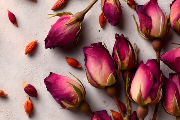 Overhead view of dried rose buds and petals in flat lay, warm natural light