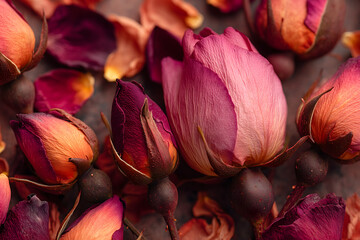 Overhead view of dried rose buds and petals in flat lay, warm natural light