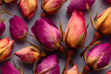 Overhead view of dried rose buds and petals in flat lay, warm natural light