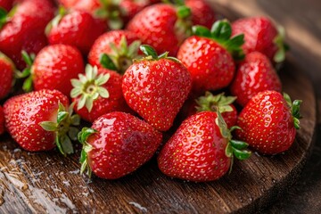 Pile of fresh, bright red strawberries with green stems on wooden board, macro close-up