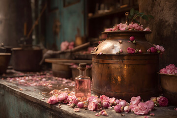 Rose oil distillation setup with petals and copper pot (no human), traditional style