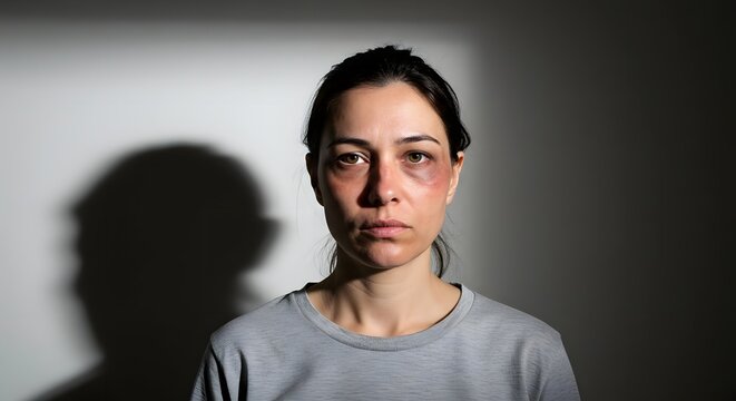 A portrait of a woman with bruises and shadows, reflecting her suffering and pain. Violence against women. Femicide