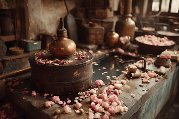 Rose oil distillation setup with petals and copper pot (no human), traditional style