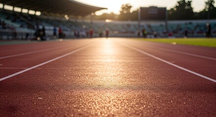 Captured from a ground perspective, the red track basks in golden sunlight at a stadium.