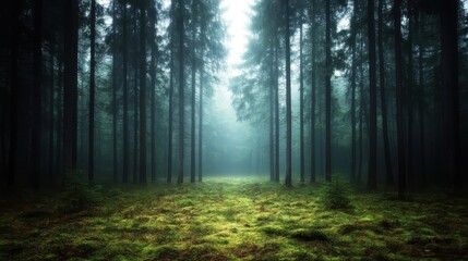 Obraz premium A serene forest scene featuring tall evergreen trees shrouded in mist, creating an ethereal atmosphere that invites peace and reflection amidst nature's beauty.