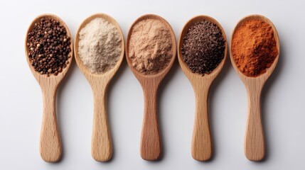 A vibrant display of assorted spices in wooden spoons, showcasing their textures and colors, perfect for inspiring culinary creativity and enhancing dishes.