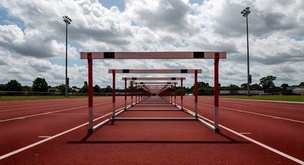 A dramatic view of a track and field course with hurdles set, under a cloudy sky.