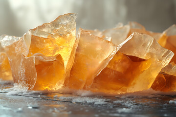 Scattered synthetic ambergris fragments on frosted glass, ambient cool lighting