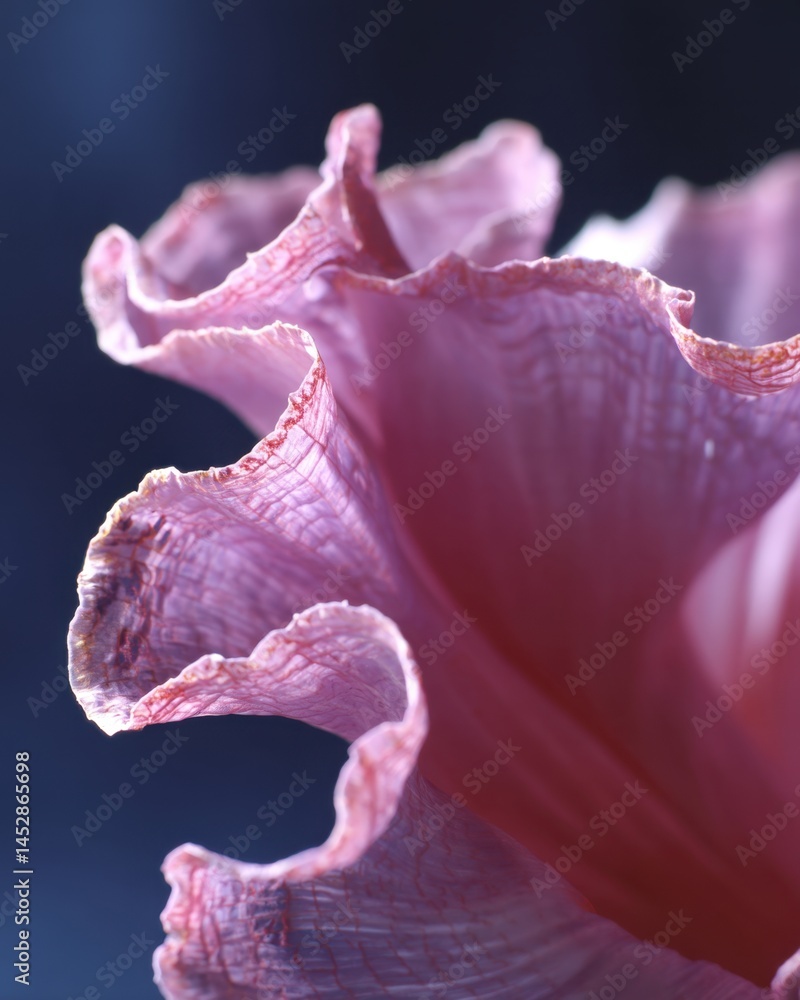Poster delicate pink petal with intricate texture against a dark blue background creating a soft dreamy bot