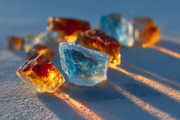 Scattered synthetic ambergris fragments on frosted glass, ambient cool lighting