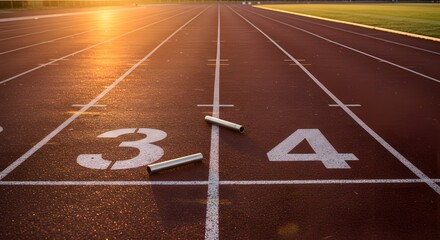 Sunset illuminates a track, the scene ready for the next competitive track and field event.