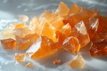 Scattered synthetic ambergris fragments on frosted glass, ambient cool lighting