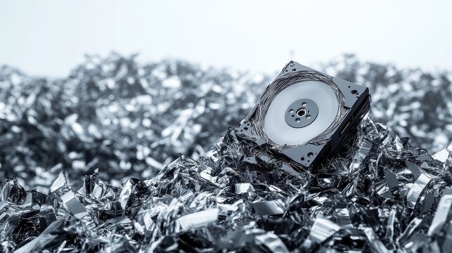 Showcasing a hard drive on top of a mountain of shredded drives.
