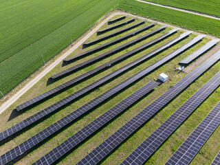 Aerial view of solar power station with energy storages