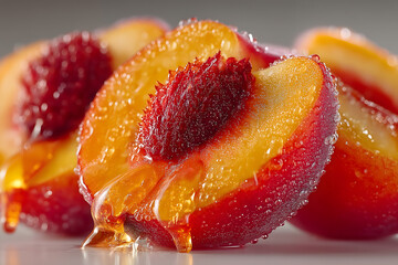 Sliced peach and apricot with dripping juice, white background, high-key style