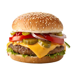 Isolated Cheeseburger PNG Image – Juicy Burger with Lettuce, Tomato, Pickles, and Cheese on Sesame Bun